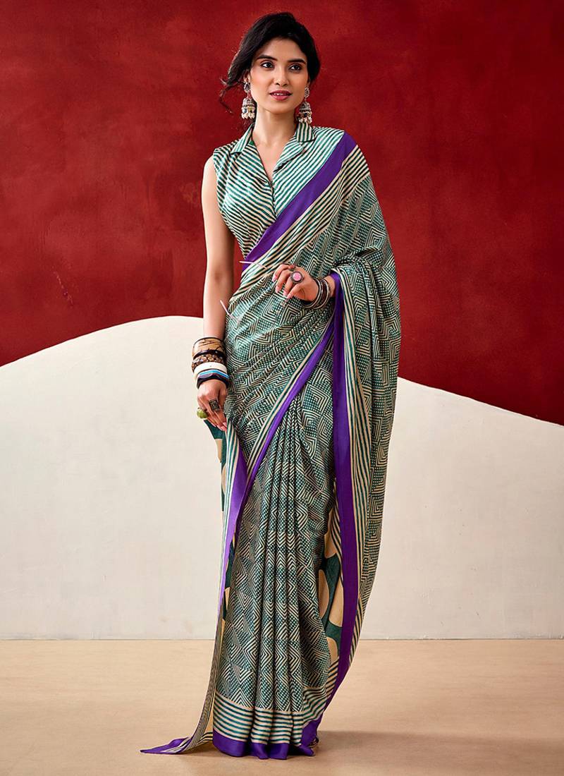 Turquoise japan satin saree with digital print blouse