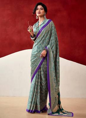 Turquoise japan satin saree with digital print blouse 2