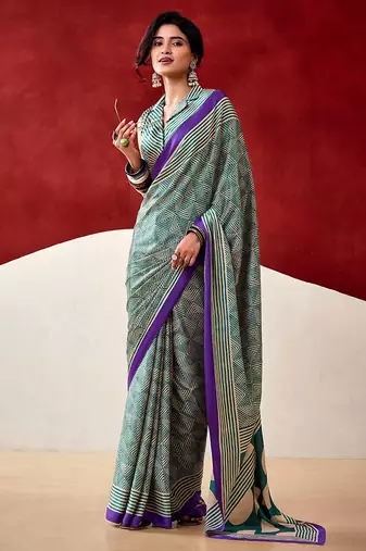 Turquoise japan satin saree with digital print blouse