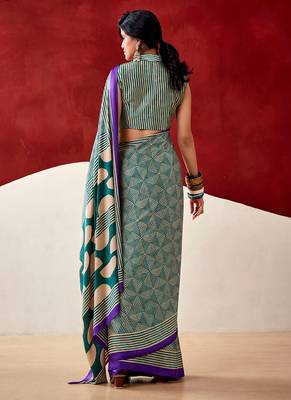 Turquoise japan satin saree with digital print blouse 3