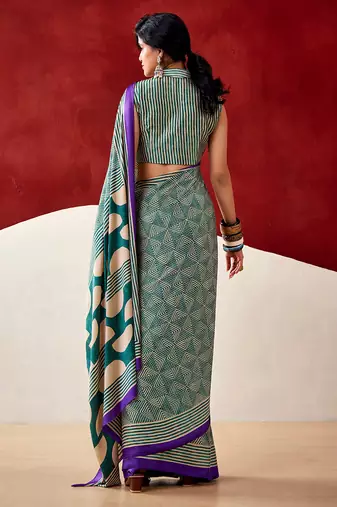 Turquoise japan satin saree with digital print blouse