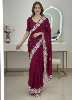 Maroon Floral Embroidered Designer Saree for Women 1