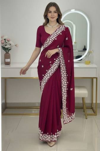 Maroon Floral Embroidered Designer Saree for Women