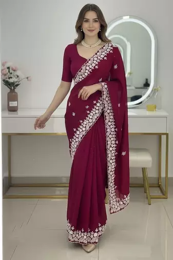 Maroon Floral Embroidered Designer Saree for Women