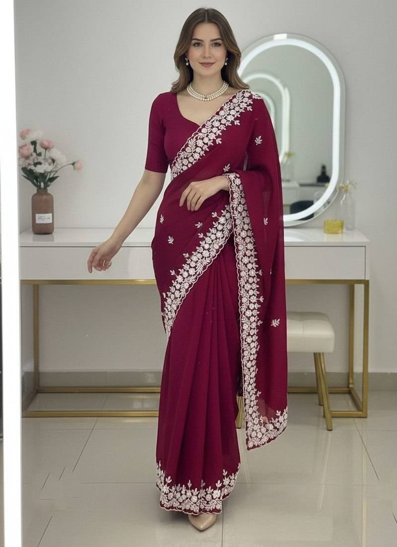 Maroon Floral Embroidered Designer Saree for Women