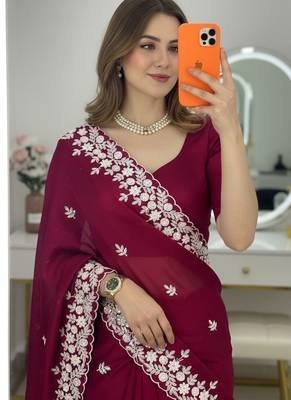 Maroon Floral Embroidered Designer Saree for Women 2