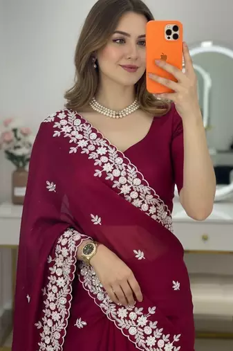 Maroon Floral Embroidered Designer Saree for Women