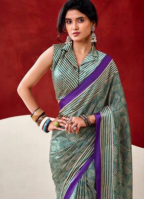 Turquoise japan satin saree with digital print blouse 4