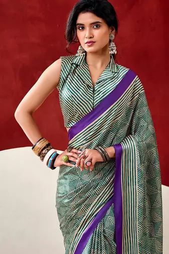 Turquoise japan satin saree with digital print blouse