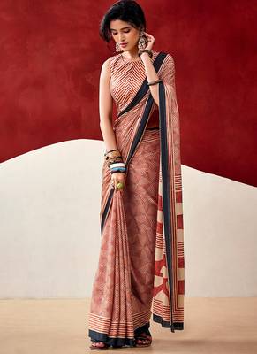 Red japan satin saree with digital print blouse 1