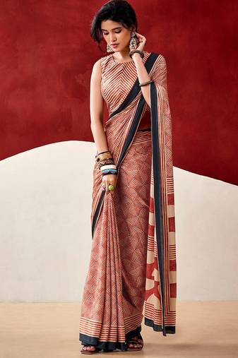 Red japan satin saree with digital print blouse