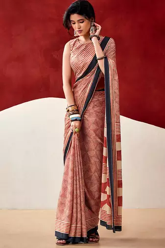 Red japan satin saree with digital print blouse