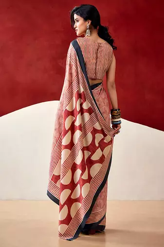 Red japan satin saree with digital print blouse