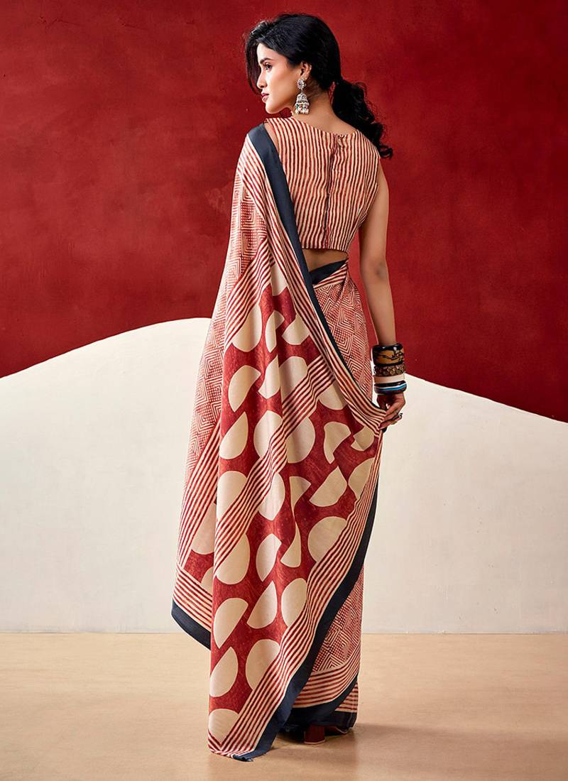 Red japan satin saree with digital print blouse