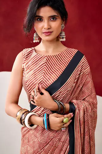 Red japan satin saree with digital print blouse