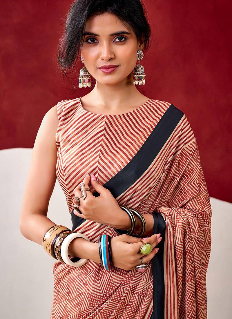 Red japan satin saree with digital print blouse
