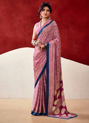 Pink japan satin saree with digital print blouse 1