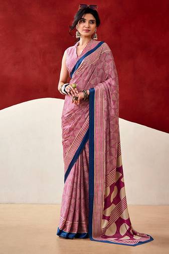 Pink japan satin saree with digital print blouse
