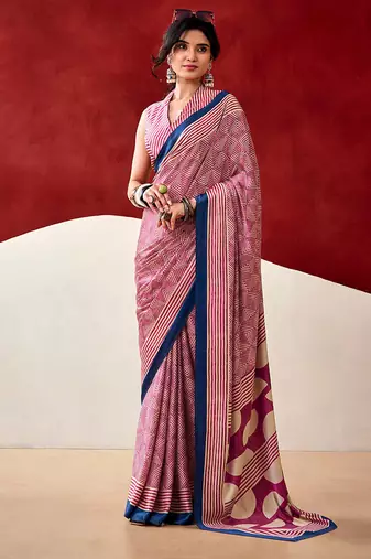 Pink japan satin saree with digital print blouse
