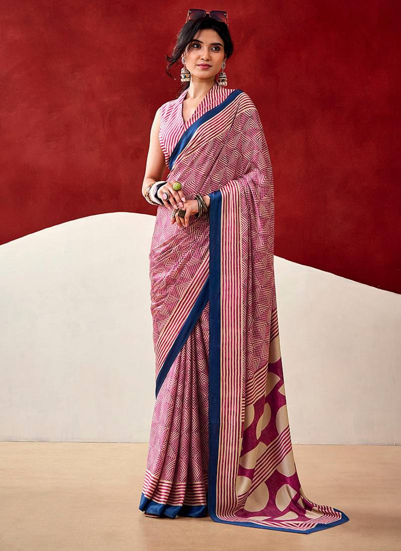 Pink japan satin saree with digital print blouse