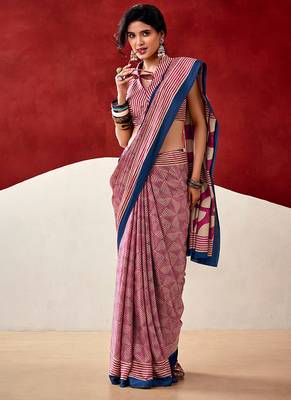 Pink japan satin saree with digital print blouse 2