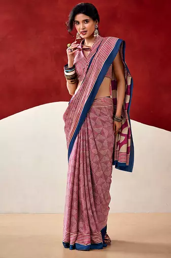 Pink japan satin saree with digital print blouse