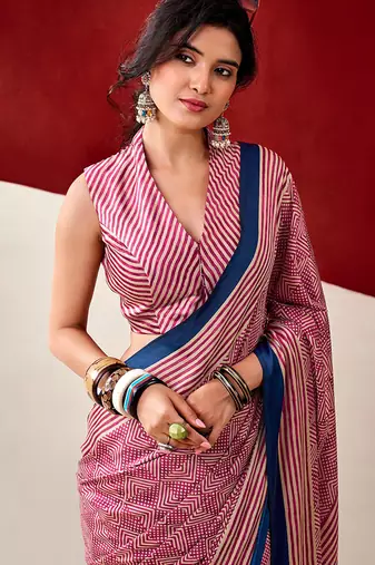 Pink japan satin saree with digital print blouse