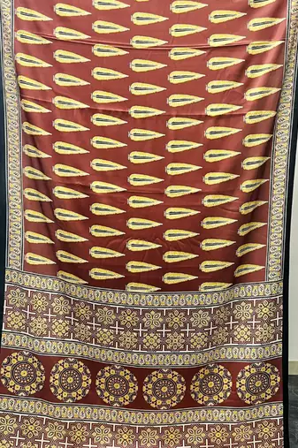 Brown japan satin saree with digital print blouse