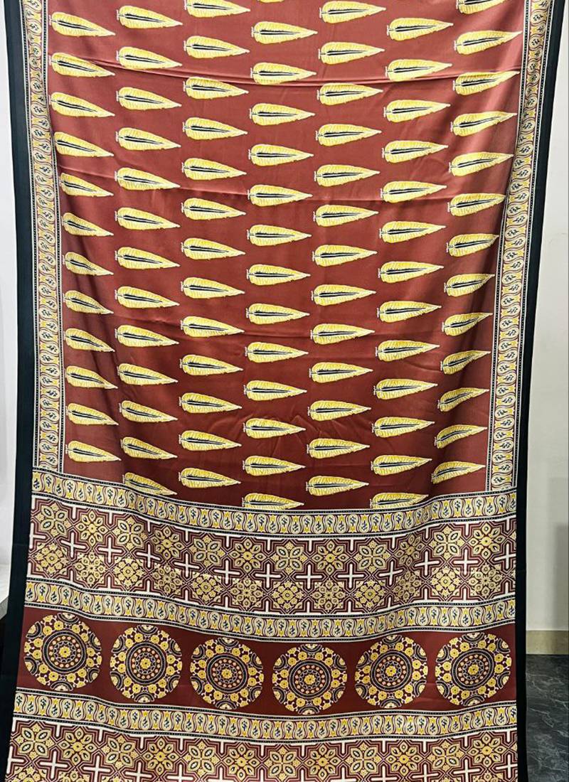 Brown japan satin saree with digital print blouse