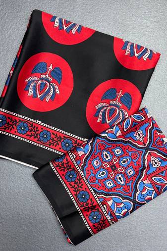 Black japan satin saree with digital print blouse