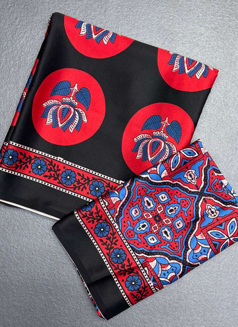 Black japan satin saree with digital print blouse