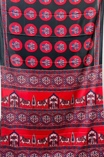 Black japan satin saree with digital print blouse