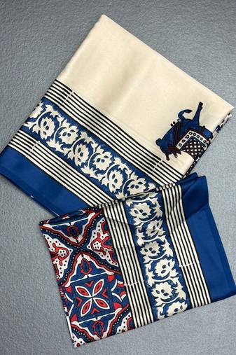 Off white japan satin saree with digital print blouse