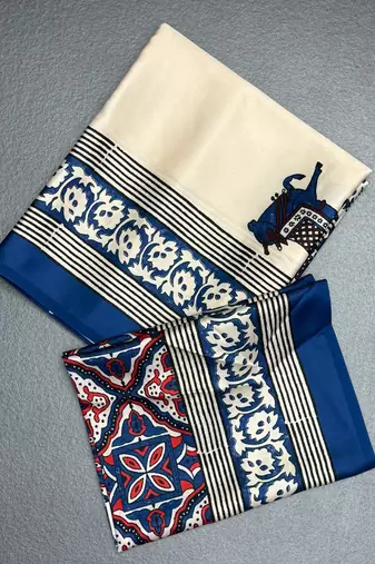 Off white japan satin saree with digital print blouse