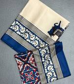 Off white japan satin saree with digital print blouse