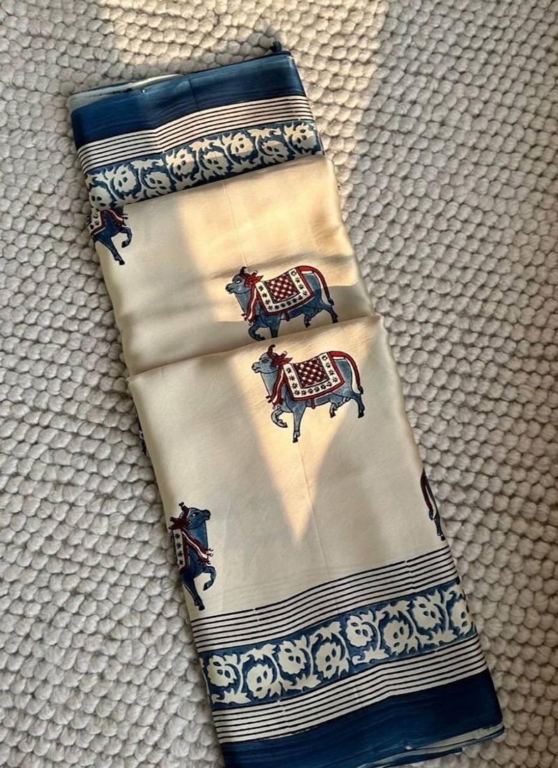 Off white japan satin saree with digital print blouse