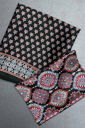 Black japan satin saree with digital print blouse