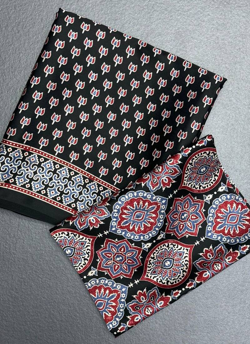 Black japan satin saree with digital print blouse