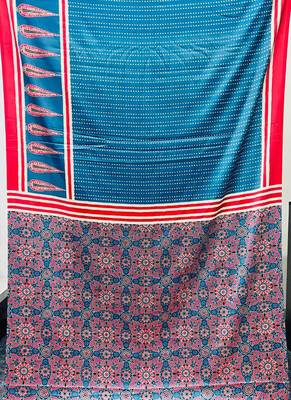 Blue japan satin saree with digital print blouse 2