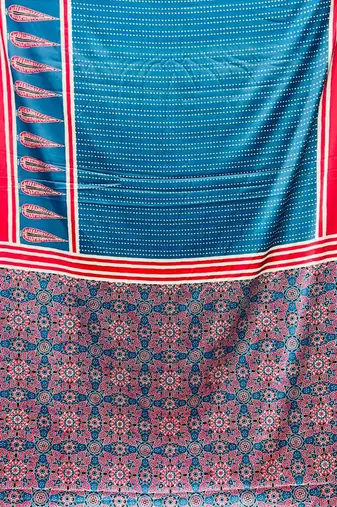 Blue japan satin saree with digital print blouse