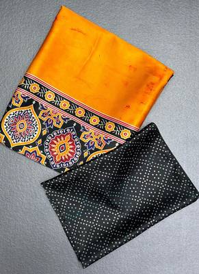 Orange japan satin saree with digital print blouse 1