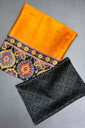 Orange japan satin saree with digital print blouse