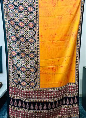 Orange japan satin saree with digital print blouse 2