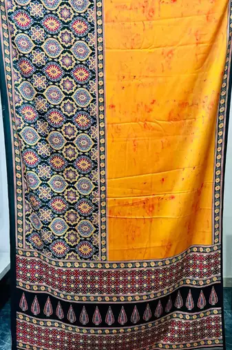 Orange japan satin saree with digital print blouse