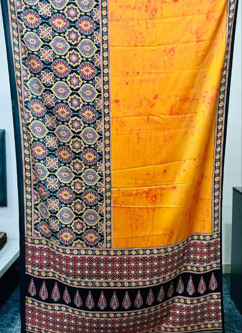 Orange japan satin saree with digital print blouse