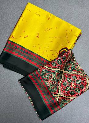 Yellow japan satin saree with digital print blouse 1