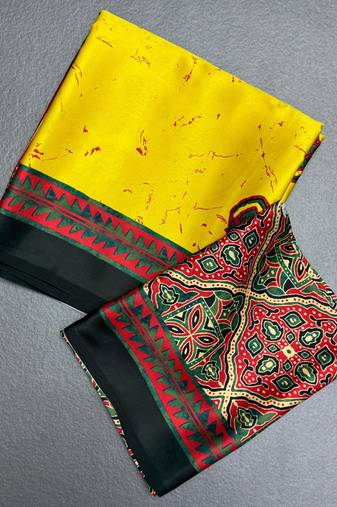Yellow japan satin saree with digital print blouse