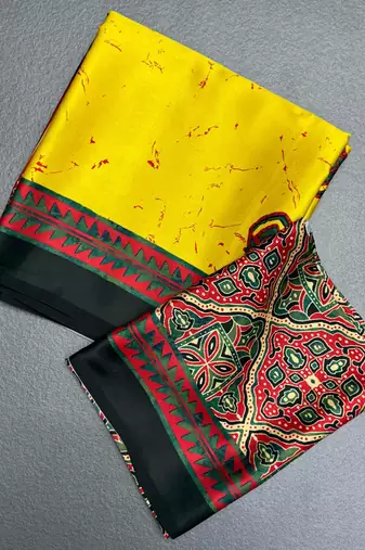 Yellow japan satin saree with digital print blouse