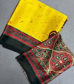 Yellow japan satin saree with digital print blouse