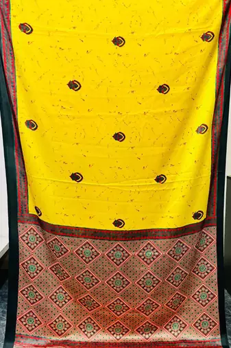 Yellow japan satin saree with digital print blouse